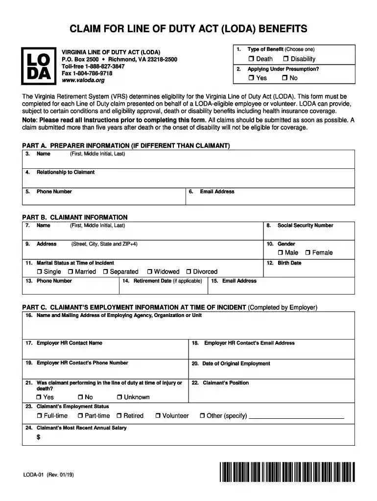 Claim for LODA Benefits (LODA-01) - Virginia Line of Duty Act Preview on Page 1