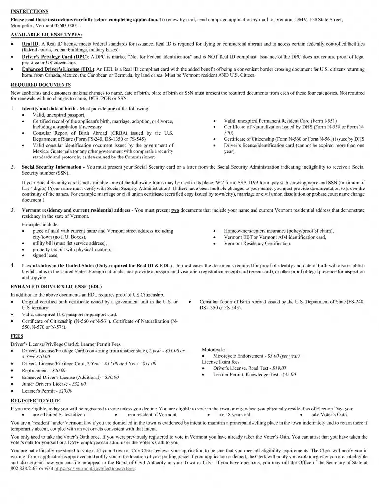 PDF License/Permit Application - Vermont DMV - Vermont.gov Preview on Page 1