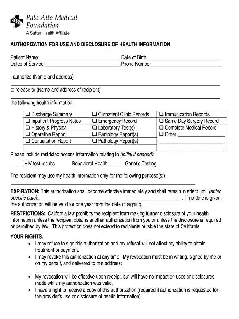 sutter health release of information form Preview on Page 1