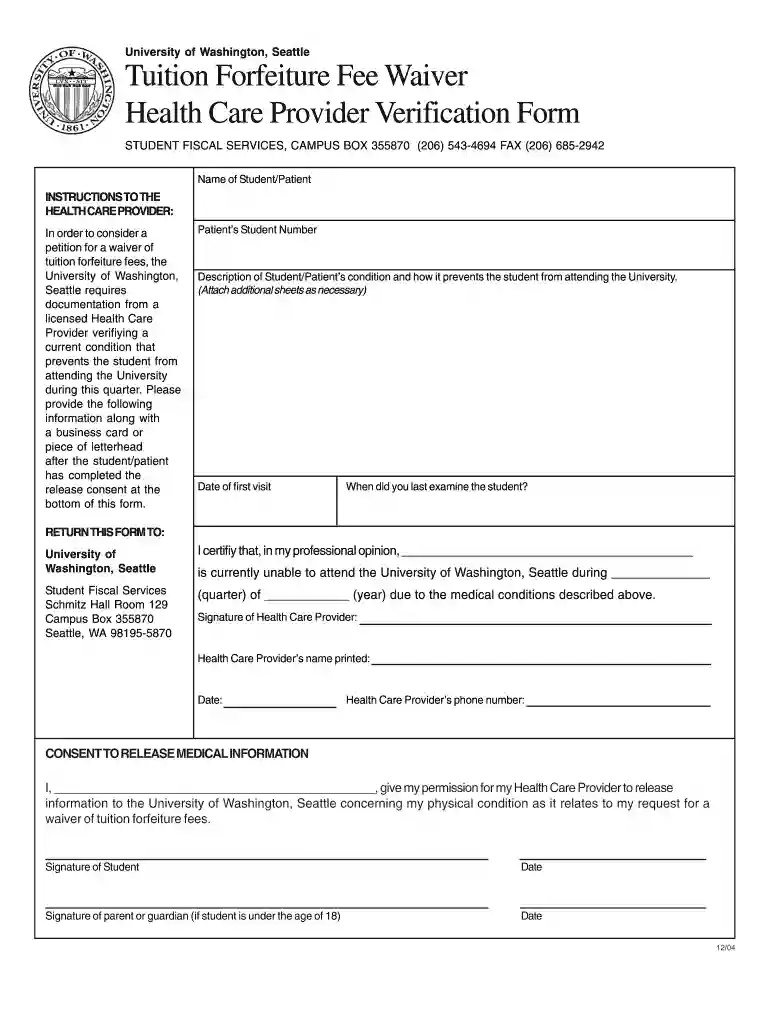 Tuition Forfeiture Fee Waiver Health Care Provider Verification Form - f2 washington Preview on Page 1