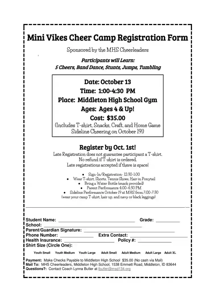 Mini Vikes Cheer Camp Registration Form Preview on Page 1