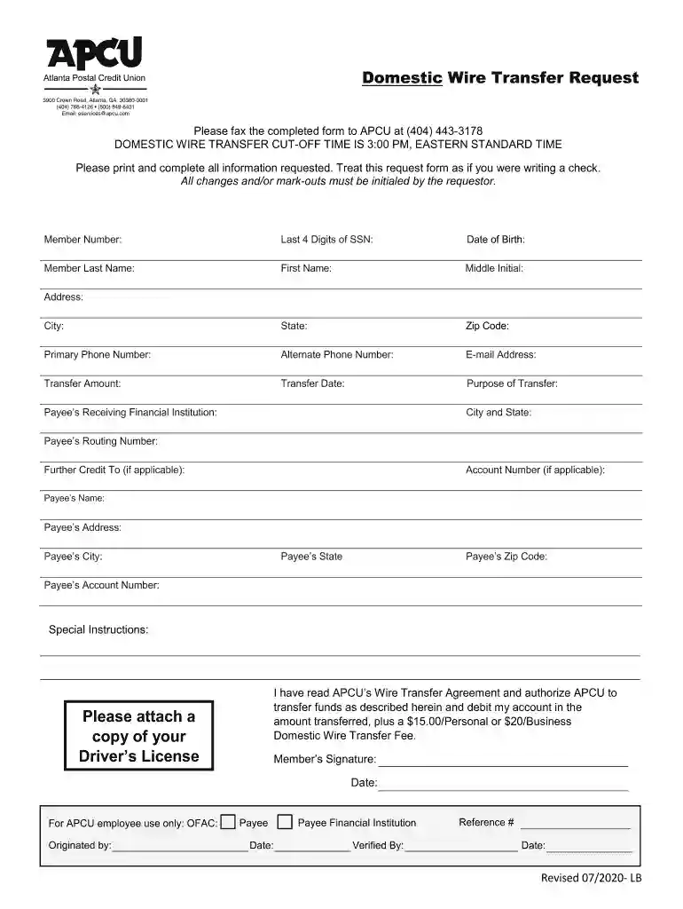 Domestic Wire Transfer Request Form - Atlanta Postal Credit ... Preview on Page 1