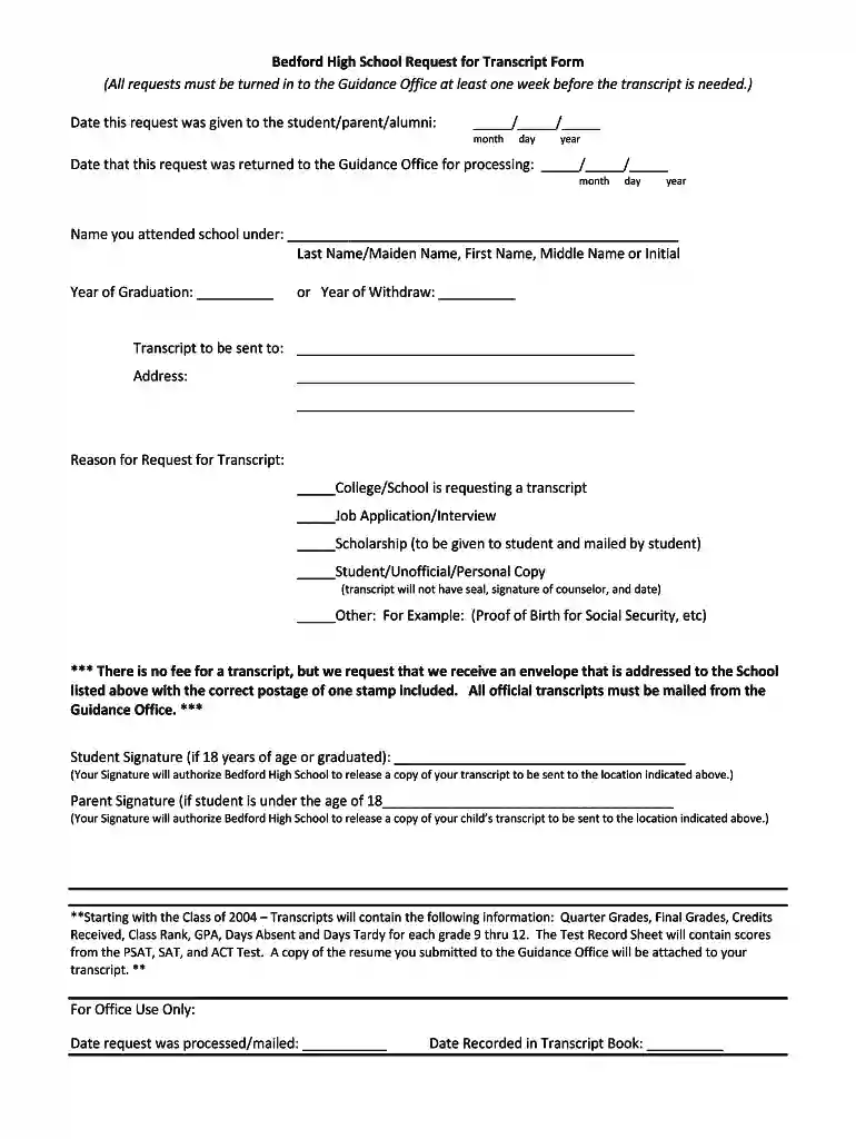 Bedford High School Request for Transcript Form - AWS Preview on Page 1