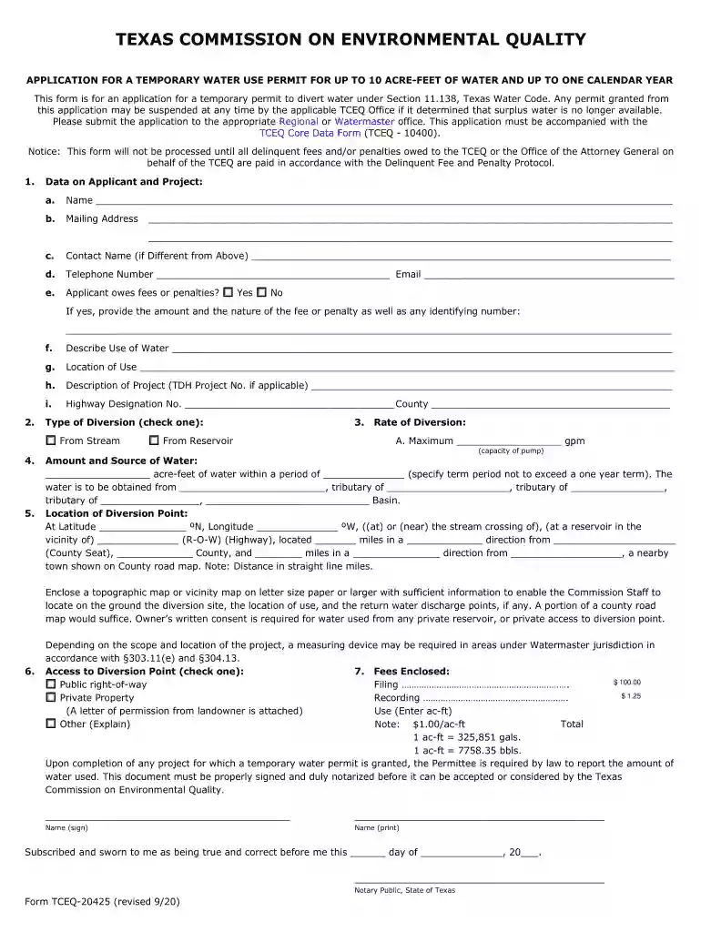 Form TCEQ-20425 "Application for a Temporary Water Use Preview on Page 1