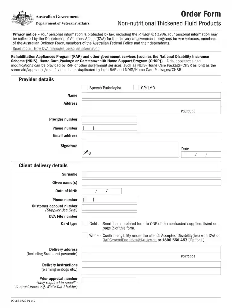 Direct Order Form - Thickeners - DVA Preview on Page 1