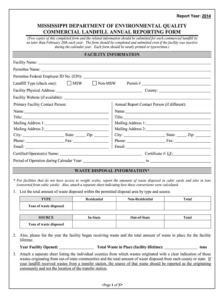 2014 ms commercial landfill reporting form mdeq printable Preview on Page 1
