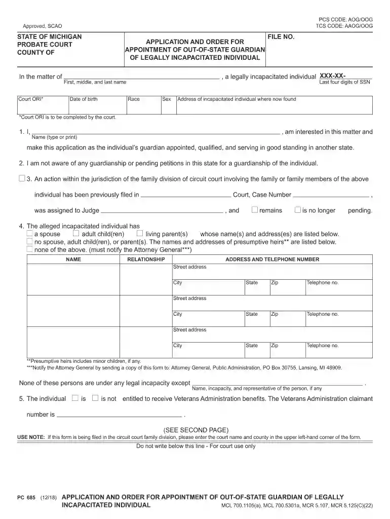 Form PC685 "Application and Order for Appointment of out-Of Preview on Page 1
