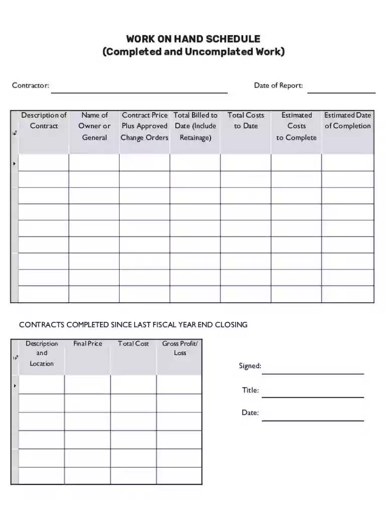Work on Hand Schedule Preview on Page 1