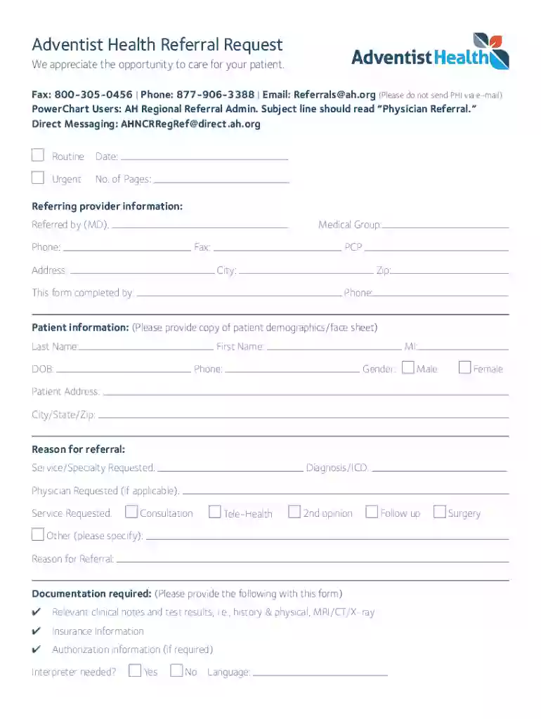 Adventist Health Referral Request Preview on Page 1