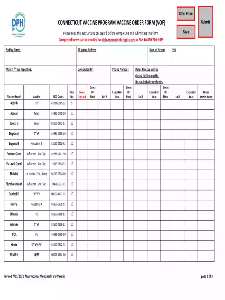 Connecticut Vaccine Order Form Preview on Page 1