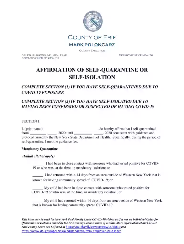 erie county affirmation of self quarantine Preview on Page 1