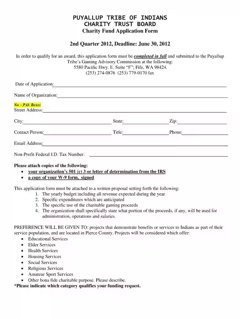 puyallup charitable funds application 2012 form Preview on Page 1