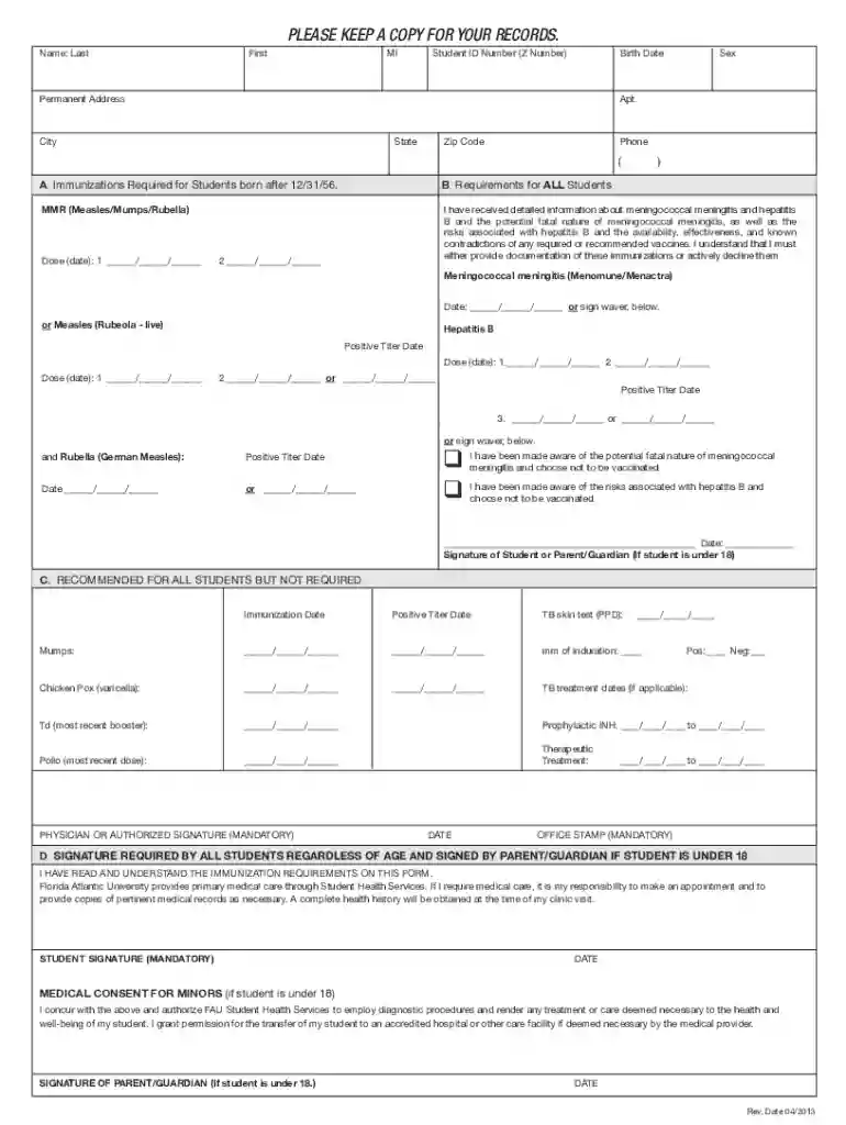 fau immunization form Preview on Page 1