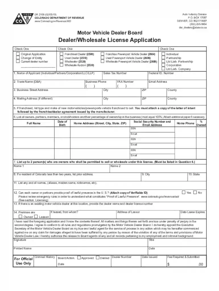 Colorado Motor Vehicle Dealer License Application Preview on Page 1
