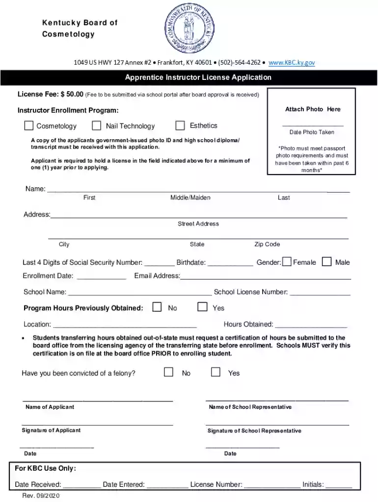 Kentucky Board of Cosmetology Apprentice Instructor License Preview on Page 1