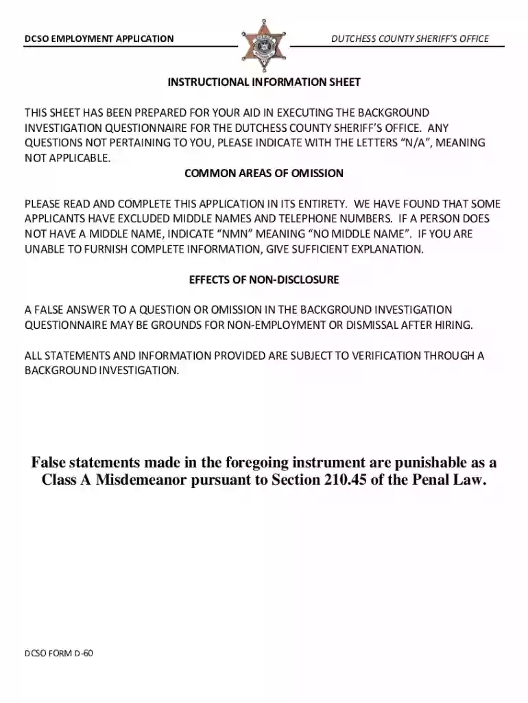 Dutchess County Sheriff's Office Employment Application (DCSO FORM D-60) Dutchess County Sheriff's O Preview on Page 1