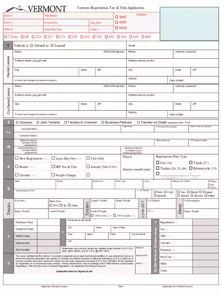 Registration Tax Title Application - Vermont Department of Motor Preview on Page 1