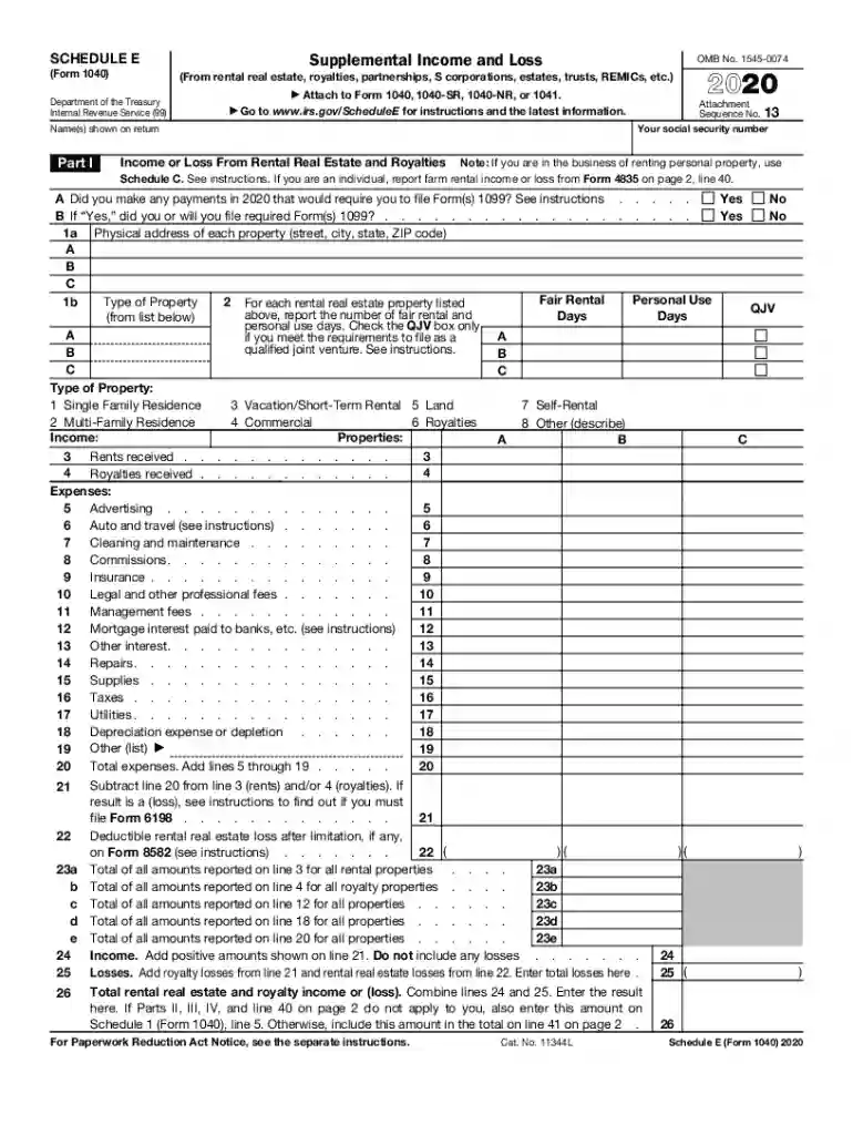 schedule e 2020 tax form Preview on Page 1