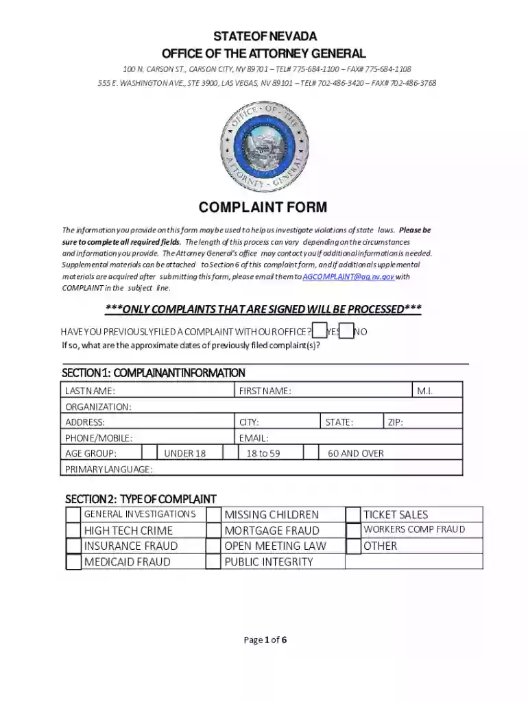 NV Complaint Form Preview on Page 1