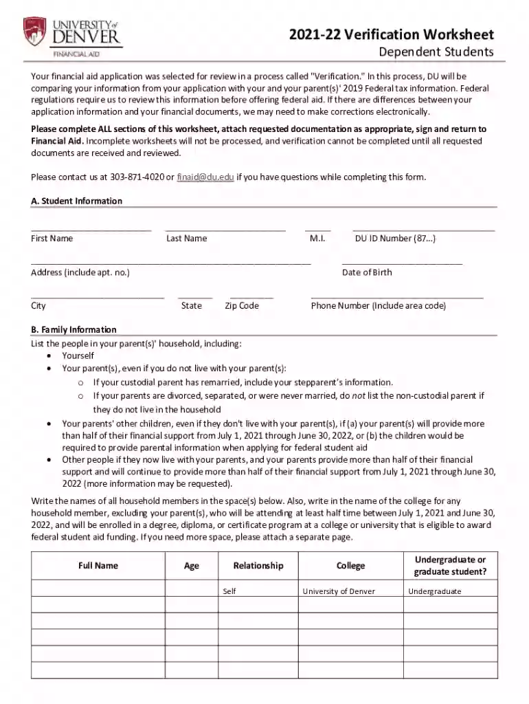 2021-22 Verification Worksheet - University of Denver Preview on Page 1