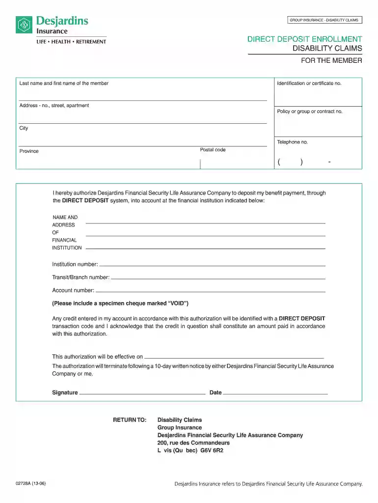 Direct deposit enrollment disability claims - Desjardins Life Insurance Preview on Page 1