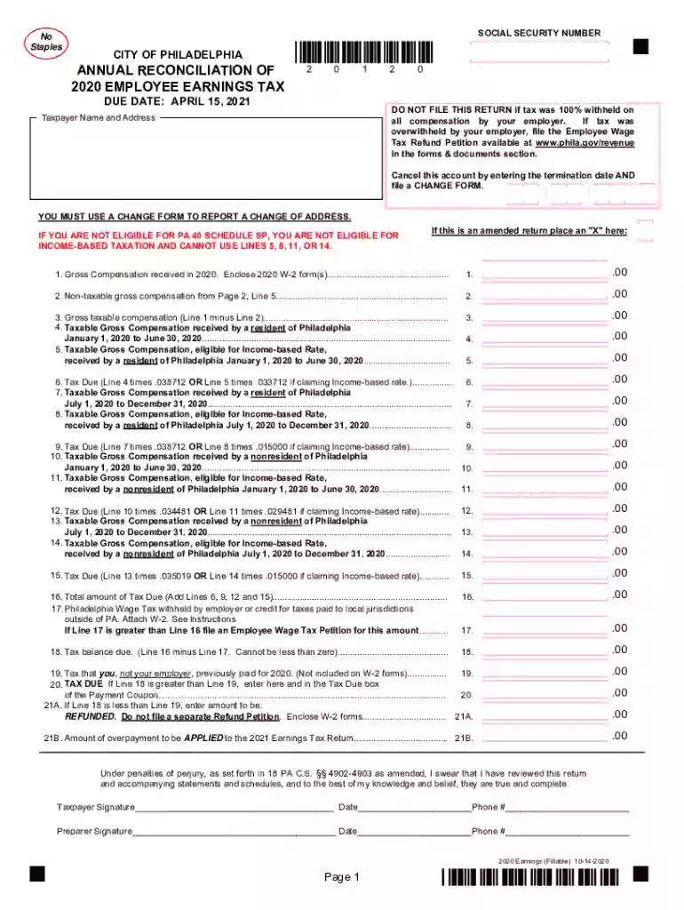 philadelphia annual reconciliation of employee earnings tax Preview on Page 1