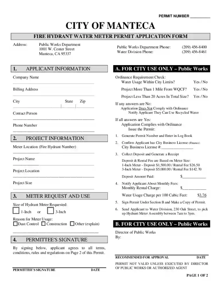 Fire Hydrant Water Permit - City Of Manteca Preview on Page 1