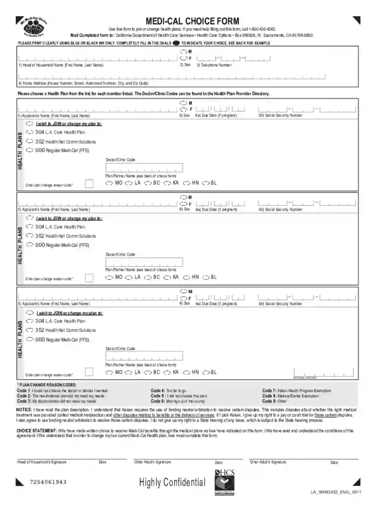medi cal choice form Preview on Page 1