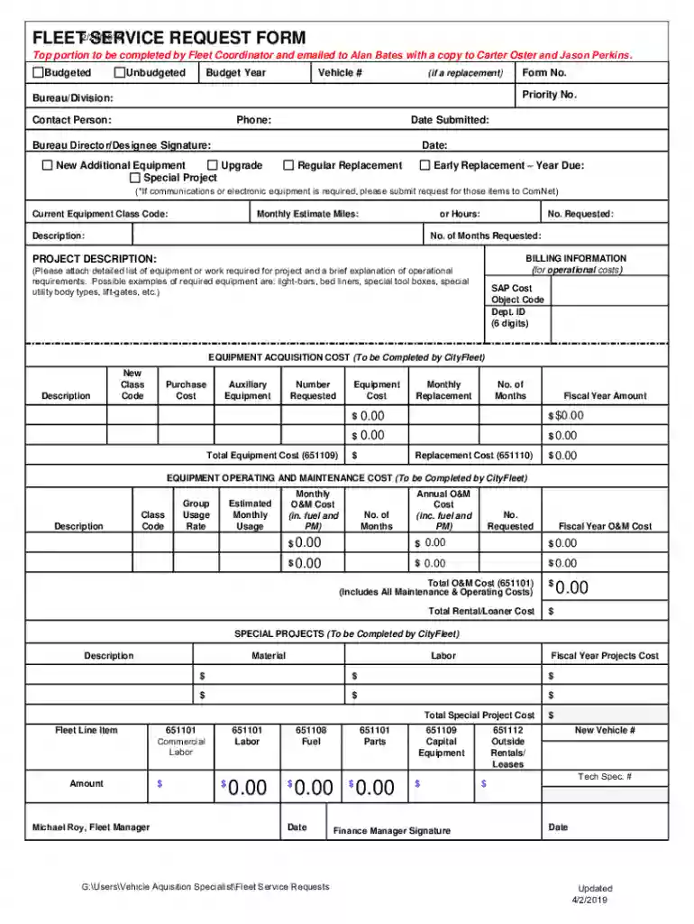 Fleet Service Request Form Preview on Page 1