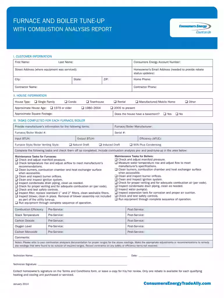 consumers energy furnace and boiler tune up with combustion anaysis report form Preview on Page 1