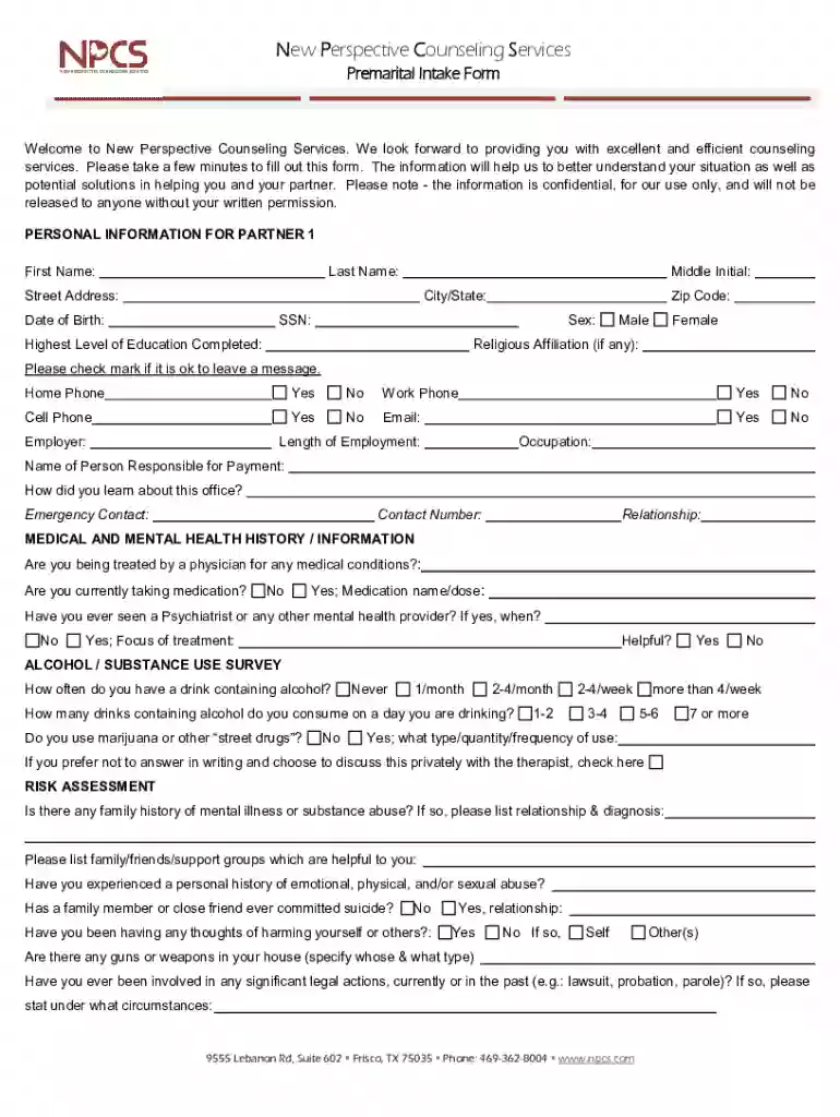 Premarital Intake Form Preview on Page 1