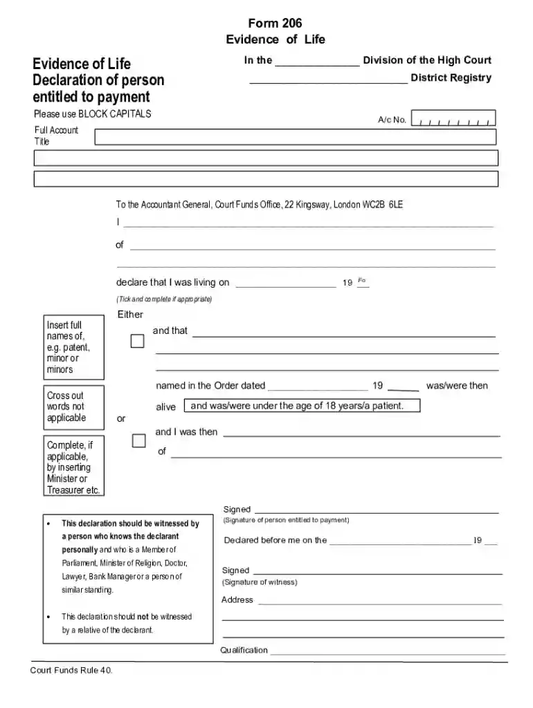 form 206 evidence of life Preview on Page 1