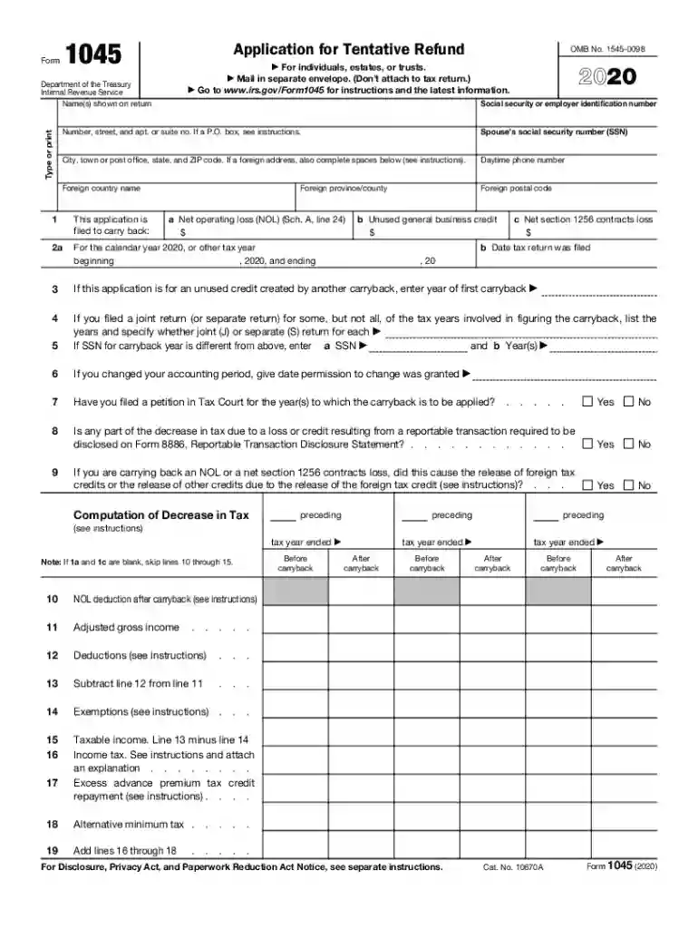 2020 form 1045 Preview on Page 1