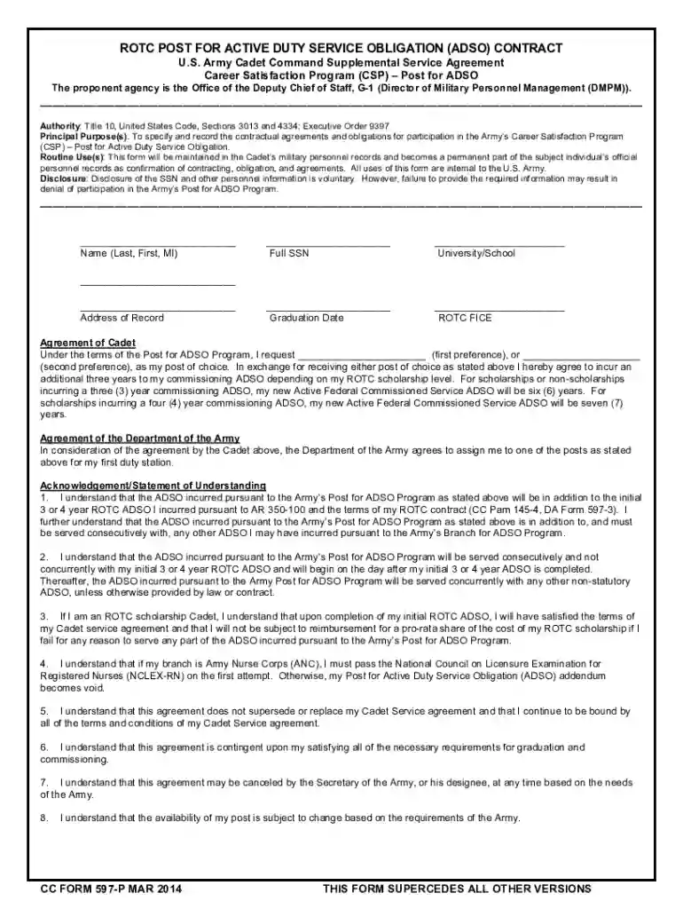 Army Cadet Command Supplemental Service Agreement Preview on Page 1