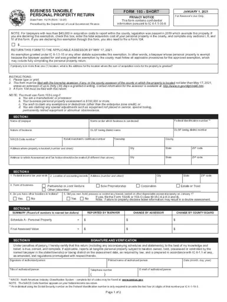 Fillable FORM 103 - SHORT: BUSINESS TANGIBLE PERSONAL ... Preview on Page 1