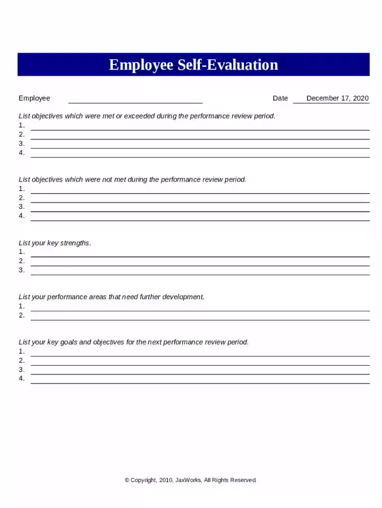 printable employee self evaluation form Preview on Page 1