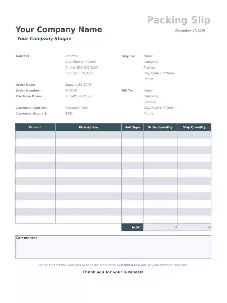 packing slip template fill Preview on Page 1