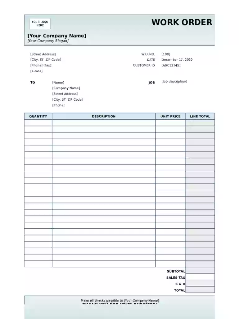 work order template Preview on Page 1