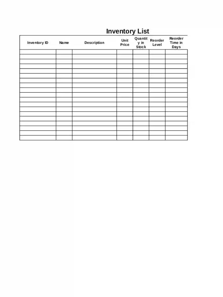 inventory list spreadsheet Preview on Page 1