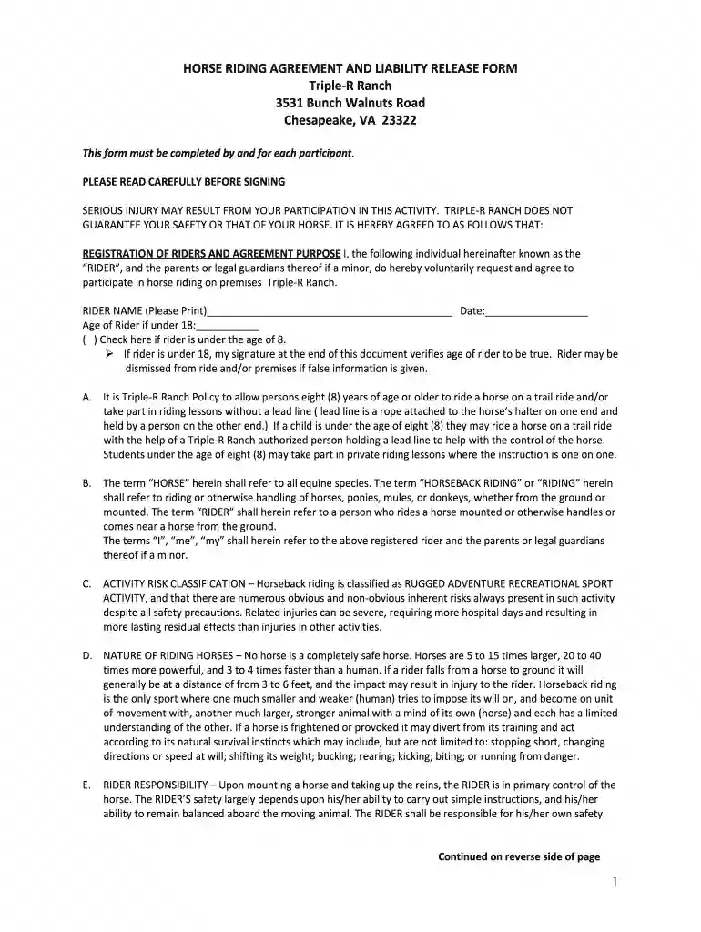 printable free horseback riding release form Preview on Page 1