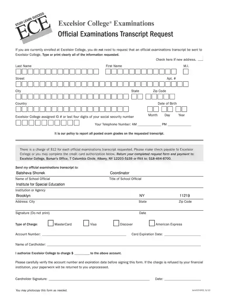 excelsior college transcript request Preview on Page 1