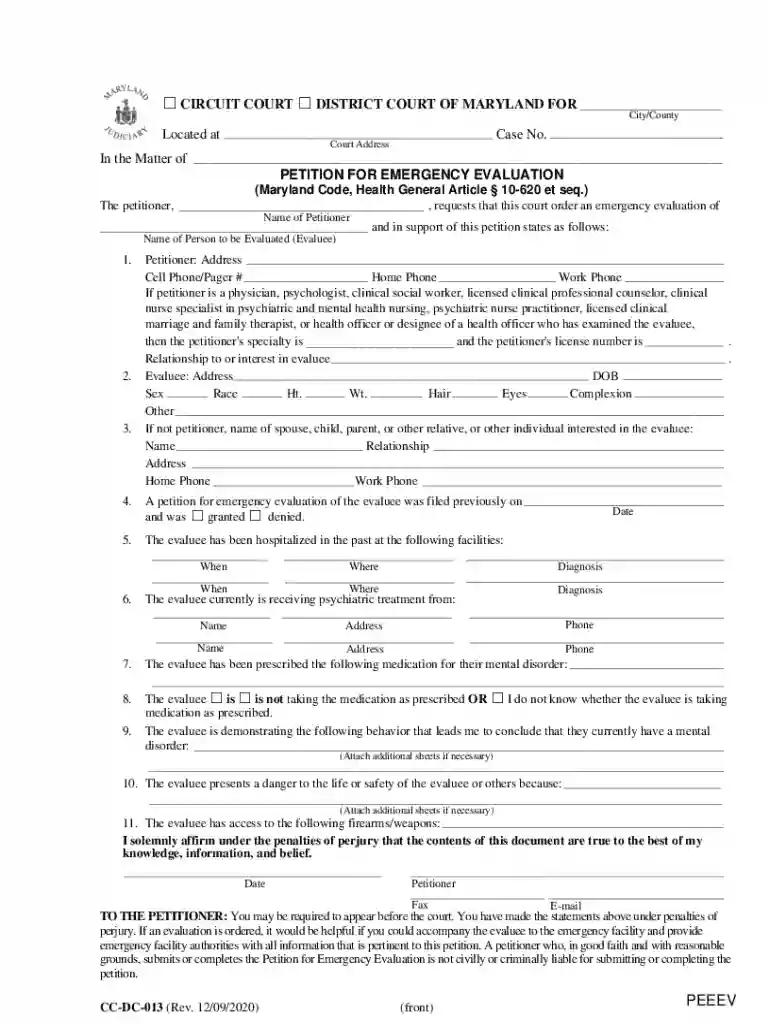 maryland emergency evaluation form Preview on Page 1