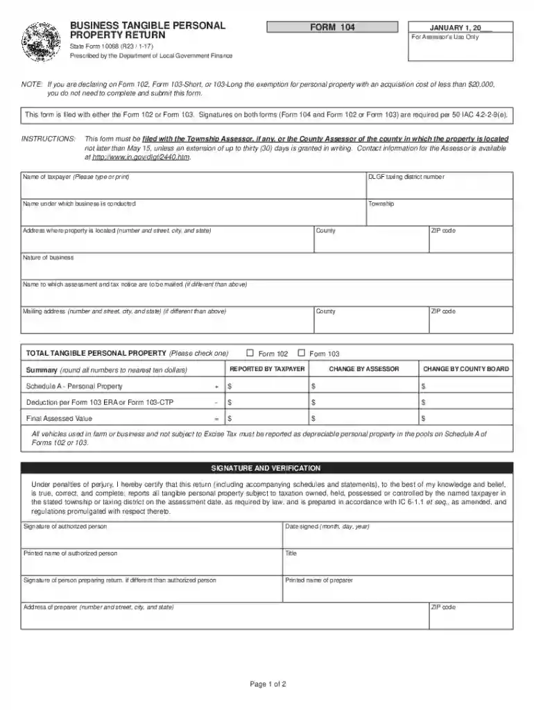 Indiana Business Tangible Personal Property Form 104 Preview on Page 1