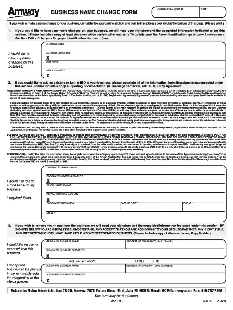 amway name change form Preview on Page 1