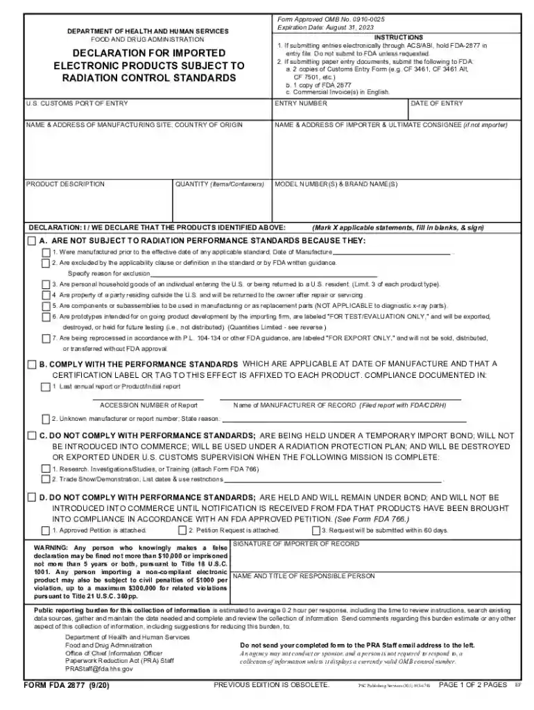 FORM FDA 2877 Preview on Page 1