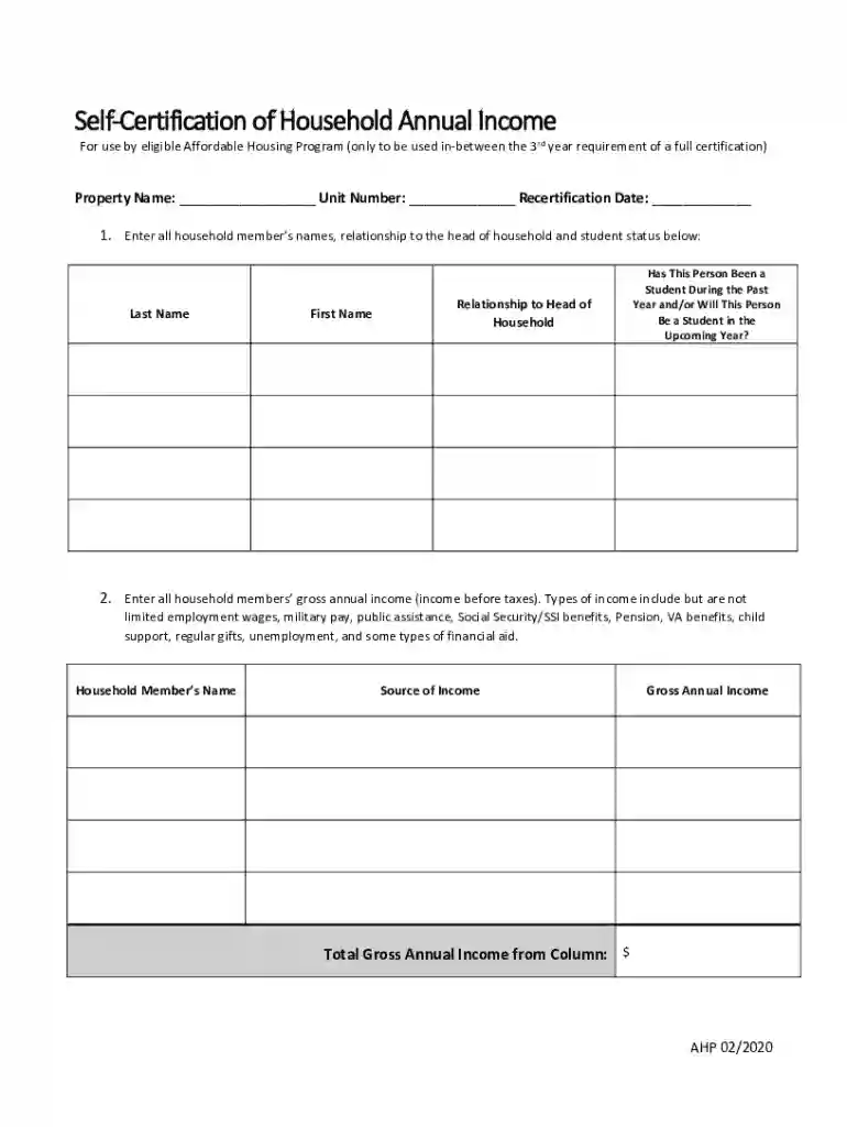 CDBG Self-Certification of Annual Income Form - HUD Exchange Preview on Page 1