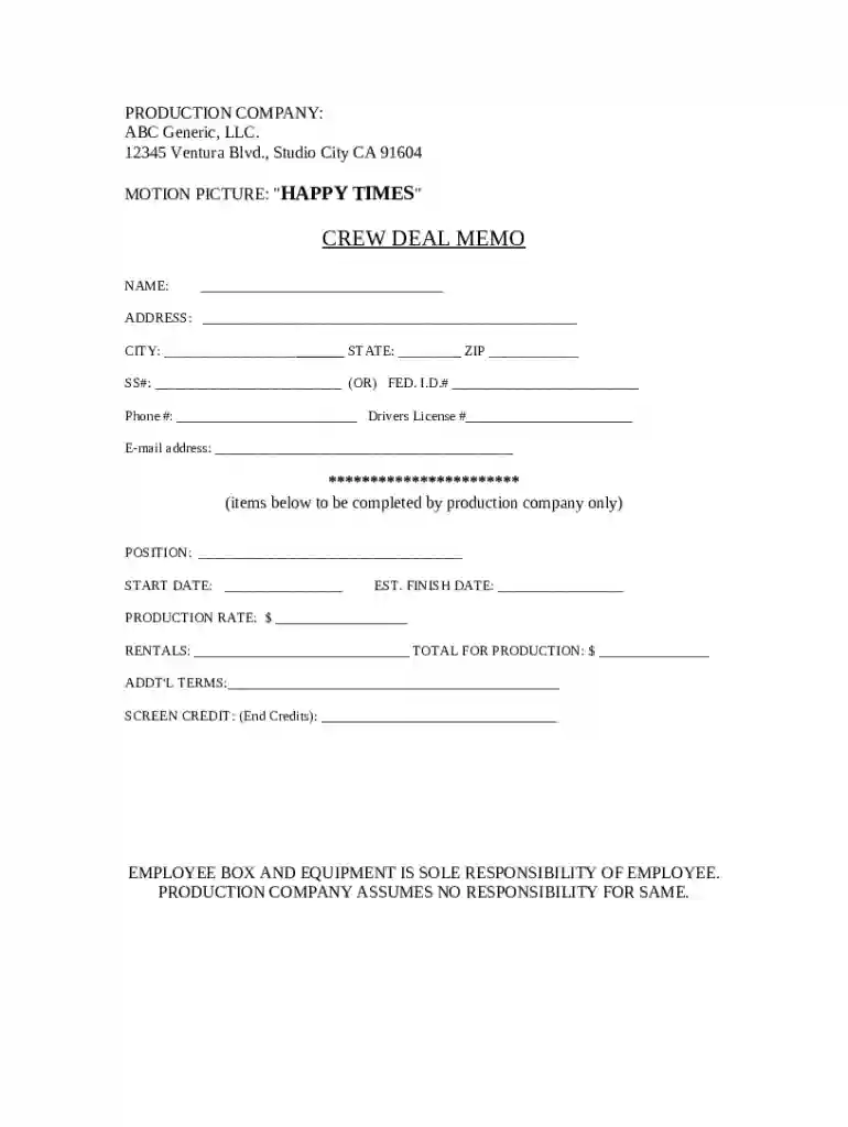 CREW DEAL MEMO - Template Preview on Page 1