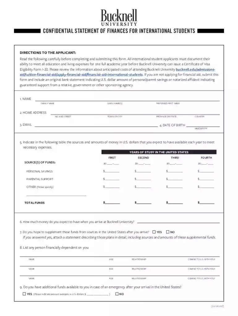 CONFIDENTIAL STATEMENT OF FINANCES FOR INTERNATIONAL STUDENTS Preview on Page 1