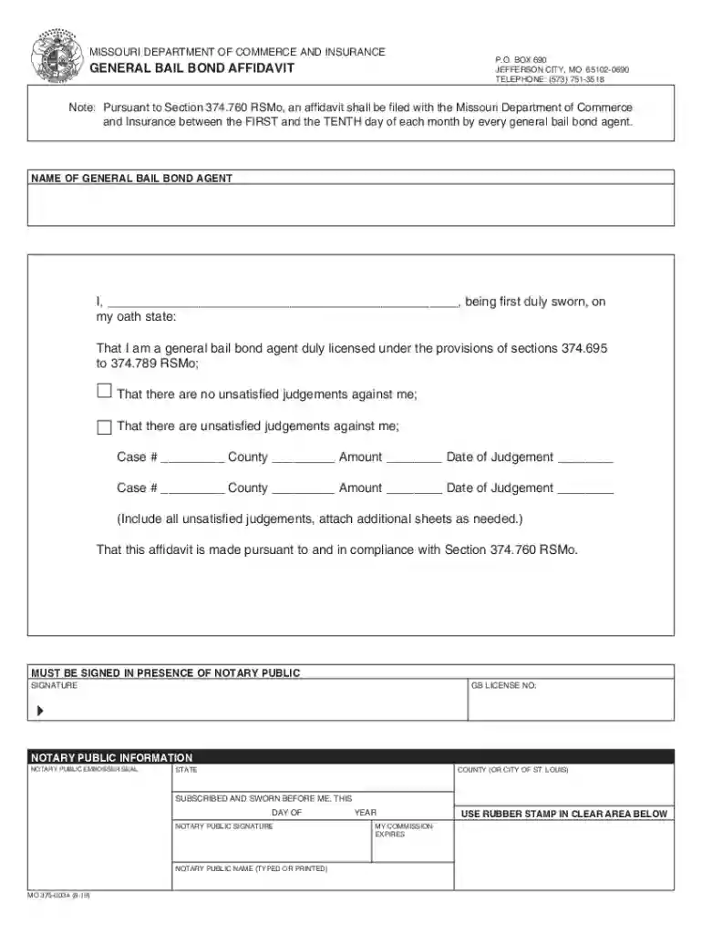 375-0034 (8-19) General Bail Bond Affidavit MISSOURI DEPARTMENT OF COMMERCE AND INSURANCE Preview on Page 1