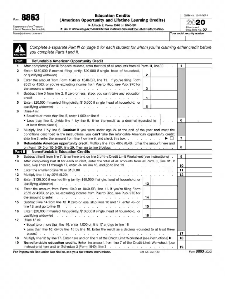 irs 2020 form 8863 Preview on Page 1